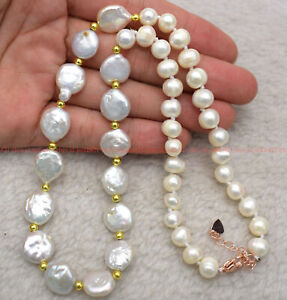 Natural 7-8mm Freshwater White Pearl & 11-12mm Coin White Pearl Necklace 14-36"