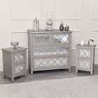 Large Silver Mirrored Chest of Drawers & Pair of Bedside Tables Sabrina Silver