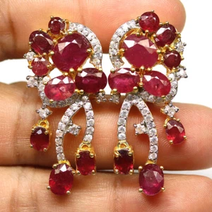 925 Sterling Silver Red Ruby & White Zircon Earrings 18K Gold Plated - Picture 1 of 4