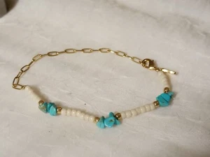 Pura Vida Bracelet Turquoise Nugget+White Heishi Shell Gold Tone Extend Up To 7" - Picture 1 of 4