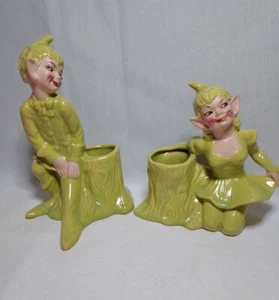 2 HTF Vintage Gilner Pottery Pixie, Fairy, Elf Log Stump Planters - 6" & 7" Tall - Picture 1 of 13