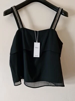 M&S  Square Neck Cami Top Size 14 Black Embellished  - Image 1 of 4