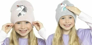  Girls Winter Unicorn Beanie Hat Glitter Reversible Sequins Pink or Grey- Xmas - Picture 1 of 2