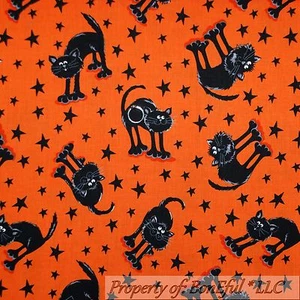 BonEful Fabric Cotton Quilt Orange Black Halloween Kitty Cat Stars Holiday SCRAP - Picture 1 of 7
