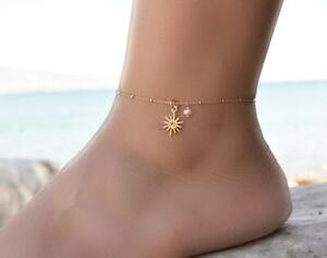 Solid 14K Yellow Gold Women's Fine Anklets With Tiny Gold Sun Pendants & Pearl
