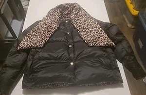 Kate Spade Puffer Jacket Reversible Black Animal Print with Scarf Size Large - Picture 1 of 12
