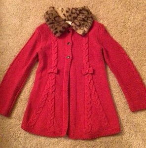 Max Studio Cardigan Sweater Girls M 5-6 Red Sparkle Leopard Faux Fur Collar - Picture 1 of 4