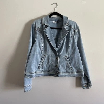 Lane Bryant Women 22 Casual Button Front Stretch Light Wash Denim Moto Jacket - Image 1 of 4