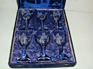 Vintage Wood Boxed Etched Crystal Sherry Wine Glasses Set of 6 - Picture 1 of 4