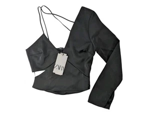 Zara Cropped Satin Top Black Cut Out Back Asymmetric Sleeve Size S - Picture 1 of 5