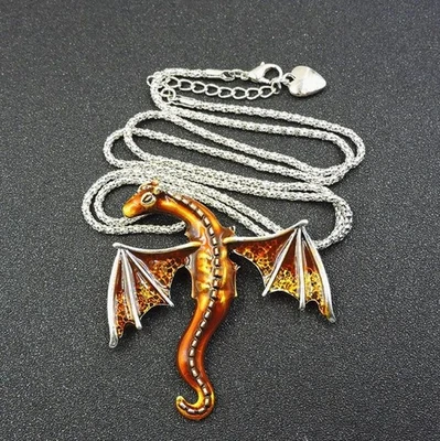 Betsey Johnson Necklace Copper Enamel Dragon Brooch / Pendant Silver Tone - Image 1 of 2