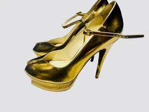 Yves Saint Laurent gold leather peep toe Tribute mary-jane platform heels 39EU - Picture 1 of 10