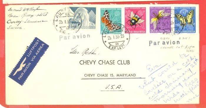 Suiza 4 Diff Butterfly Insect PRO JUVENTUTE 1954 usado en cubierta a EE. UU. 1955 Foto 1 de 1