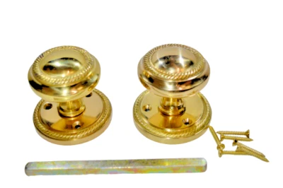 Georgian Door Knob Set Handle Style Mortice Roped Edge Design Polished Interior - Image 1 of 4