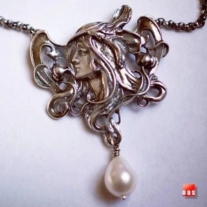  New - Sterling Silver Art Nouveau Maiden Pearl Necklace  - Picture 1 of 9