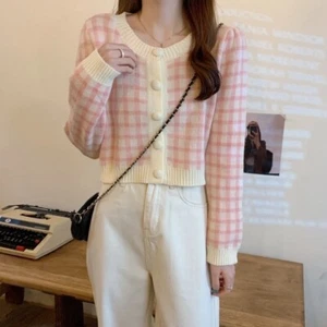 Womens Pink Check Cardigan Sweater Button-Up Long Sleeve Spring/Fall Size Small - Picture 1 of 14