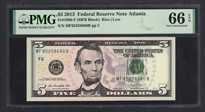 United States-Federal Reserve 5 Dollars 2013 Fr#1996-F (MFB Block) UNC Grade 66 - Image 1 of 2