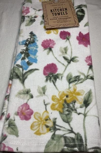 ENVOGUE KITCHEN TOWELS (2) FLOWERS PINK YELLOW BLUE GREEN 100% COTTON NWT - Picture 1 of 2