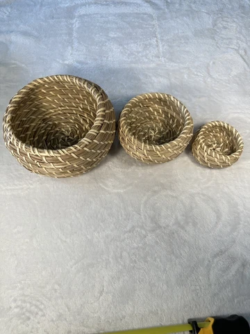 3 BOHO Decorative Hand-Woven Stackable Storage Nesting Sweetgrass Baskets w/Lids Cover