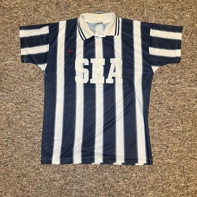 Camiseta de fútbol vintage para hombre Adidas a rayas verticales azul blanco talla grande  Foto 1 de 4