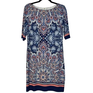 Vestido Vaina Eliza J Azul Rosa Estampado Cachemira Manga 3/4 Cuello Barco Forrado Resort 8 - Imagen 1 de 4
