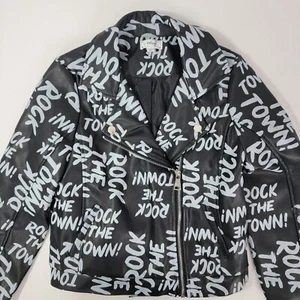 D Signed Disney Faux Leather Girls Jacket Coat Black White Rock the Town L Large - Picture 1 of 7