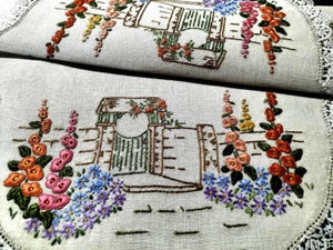 Sweet Garden Arbour Gate & Hollyhock Garden Vintage Hand Embroidered Centrepiece - Picture 1 of 7