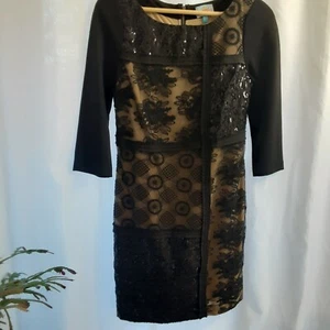Black Sequin PATCHWORK Lace Front Short Lined Dress Small - Picture 1 of 9