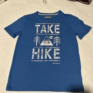 Eddie Bauer T-Shirt Blue “Take a Hike” Casual Hiking Outdoors Youth Kids Silver - Picture 1 of 6