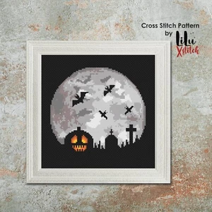 Halloween Full Moon Cross Stitch Pattern Easy to Stitch Chart by LiluXstitch - Picture 1 of 9