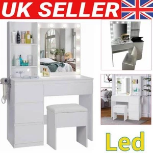 Modern Dressing Vanity Table Set with LED Lights Mirror Stool 4 Drawers Bedroom - Picture 1 of 9
