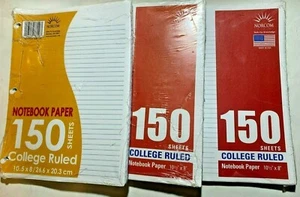 3 Packs New 150 Sheets Each 3-Hole Punch 10.5" x 8" College Ruled Notebook Paper - Picture 1 of 1