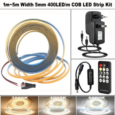 Tira de luces LED COB de 1 m ~ 5 m 5 mm 400 LED/m con kit de fuente de alimentación regulable remota RF Foto 1 de 4