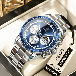 Men's Sport Quartz Watch Waterproof Chronograph Luminous Steel Strap - Picture 1 of 18