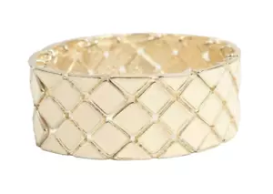 Stretchy Bracelet Enamel Cream and Gold Tone 1 Inch Wide Estate Fresh - Picture 1 of 3