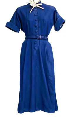 Винтажный 1940-х 1950-х темно-синий midi платье, Shift шерсти короткий рукав белый воротник S - Изображение 1 из 4