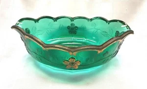 Vintage Baroque Heavy Green Glass Bowl Hand Painted Centerpiece Raised Floral - Picture 1 of 12