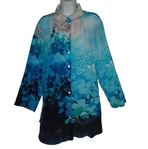 Soft Surroundings Blue Watercolor Floral Print Silk Blouse Size L Career - Picture 1 of 6