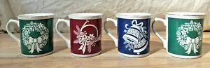 4x Mugs Russ Berrie & Co # 8563 Christmas Gold Rim Wreath Horn Bells - Picture 1 of 16
