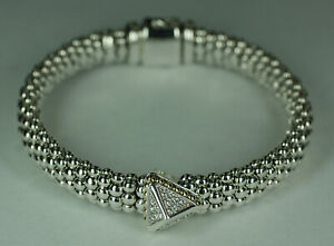 Lagos Sterling Silver 18K Yellow Gold Diamond Lux Pyramid Caviar Bracelet Cuff