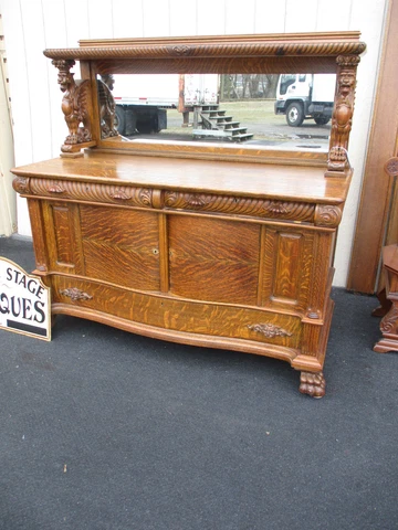 64091  Antique Victorian Sideboard Server with Hand Carved Gryphon s Cover