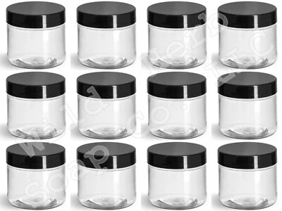 12 Clear Plastic 2 oz Empty Jars + Lids | Black Lined Caps | Bath Body Container - Image 1 of 3