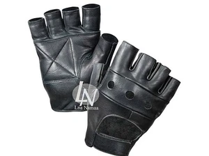 REAL LEATHER UNISEX MENS LADIES FINGERLESS DRIVING BIKE SPORT GYM CYCLING GLOVES - Picture 1 of 3