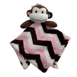 Baby Monkey Lovey Security Blanket Pink Brown White Chevron Pattern Soft Plush b - Picture 1 of 9