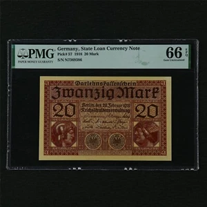 1918 Germany State Loan Currency Note 20 Mark Pick#57 PMG 66 EPQ Gem UNC - Picture 1 of 4