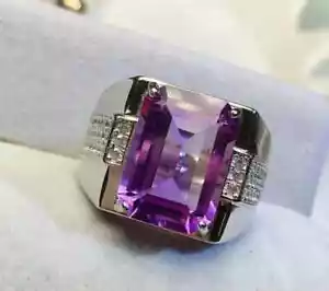 3Ct Emerald Cut Simulated Amethyst Men's Band Ring 14k White Gold Plated Silver - Picture 1 of 6