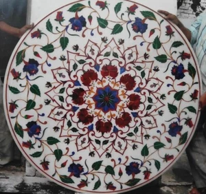 36" Carnelian Stone Inlay Coffee Table Pietra Dura White Marble Hallway Tabletop - Picture 1 of 6