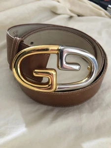 Plateado Oro Ovalado Doble G Vintage GUCCI Cinturón Hebilla en Cinturón Cuero Tostado 32-34 - Imagen 1 de 17