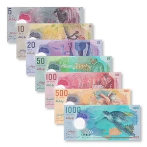 Maldives Full Set: 5–1,000 Rufiyaa, 2015–2022, B216–B222, PA26–P31, UNC - Picture 1 of 10