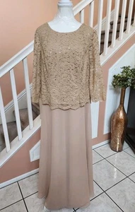 NWT ROAMAN'S Beige Glitter Mock 2pc 3/4 Sleeve Long Lace Chiffon Dress Sz 16W  - Picture 1 of 15